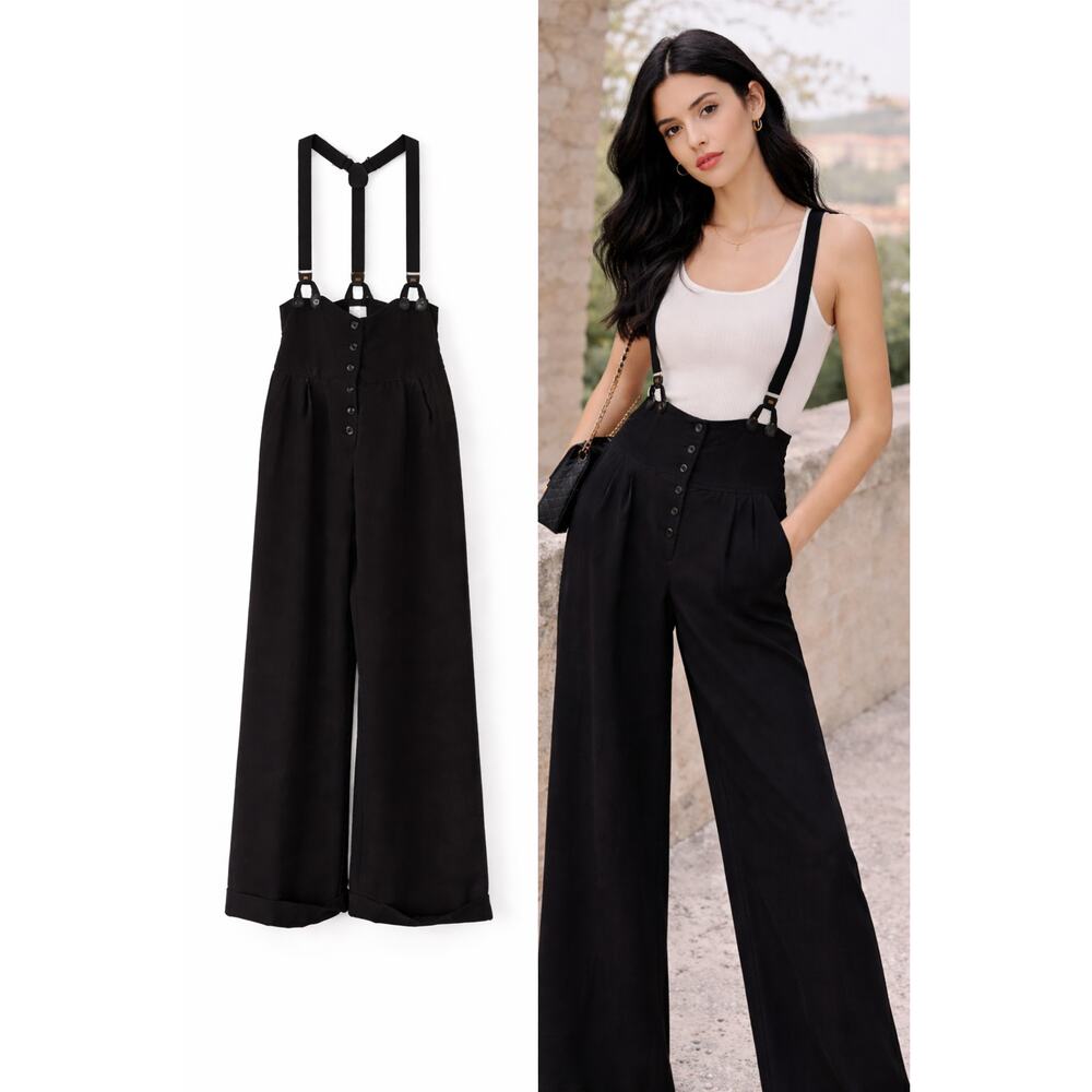 Wide Leg Suspender Jumpsuit Pants - Black